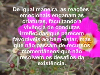 De igual maneira, as reações emocionais enganam as criaturas, facultando a vivência de condutas irrefletidas que parecem favoráveis ao bem-estar, mas que não passam de recursos momentâneos que não resolvem os desafios da existência. 