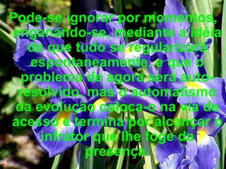 Pode-se ignorar por momentos, enganando-se, mediante a idéia de que tudo se regularizará espontaneamente, e que o problema de agora será auto-resolvido, mas o automatismo da evolução coloca-o na via de acesso e termina por alcançar o infrator que lhe foge da presença.   