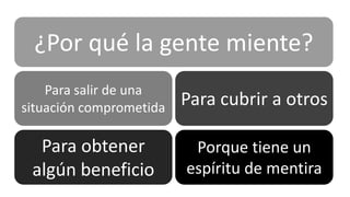 ¿Por qué la gente miente?
Para salir de una
situación comprometida

Para cubrir a otros

Para obtener
algún beneficio

Porque tiene un
espíritu de mentira

 