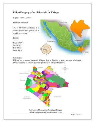 17 | P á g i n a
Ubicación geográfica del estado de Chiapas
Capital: Tuxtla Gutiérrez
Extensión territorial:
74,415 kilómetros cuadrados, es el
octavo estado más grande de la
república mexicana.
Latitud:
Norte 17°59´
Sur 14°32´
Este 90°22´
Oeste 94°14´.
Colindantes:
Ubicado en el sureste mexicano, Chiapas tiene a Tabasco al norte, Veracruz al noroeste,
Oaxaca al oeste, al sur con el océano pacifico y al este con Guatemala.
Ilustración 1.Municipiosdel estadode Chiapas
Fuente:Gobiernodel estadode Chiapas,(2013)
 