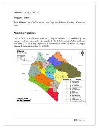 19 | P á g i n a
Habitantes: (2014): 5, 186,572.
Principales ciudades:
Tuxtla Gutiérrez, San Cristóbal de las casas, Tapachula, Palenque, Comitán y Chiapas de
corzo.
Municipios y regiones:
Para el 2013 la Clasificación Municipal y Regional establece 122 municipios y XV
regiones económicas de acuerdo a los artículos 2 y 46 de la Constitución Política del Estado
de Chiapas y 24 de la Ley Orgánica de la Administración Pública del Estado de Chiapas,
así como la numeración emitida por el INEGI.
 