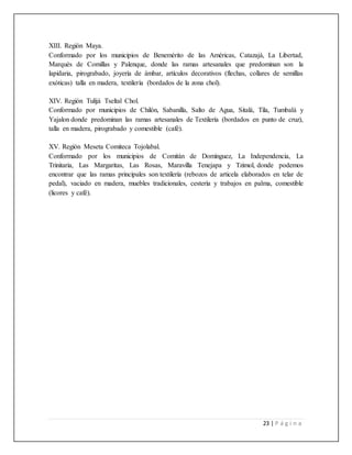 23 | P á g i n a
XIII. Región Maya.
Conformado por los municipios de Benemérito de las Américas, Catazajá, La Libertad,
Marqués de Comillas y Palenque, donde las ramas artesanales que predominan son la
lapidaria, pirograbado, joyería de ámbar, artículos decorativos (flechas, collares de semillas
exóticas) talla en madera, textilería (bordados de la zona chol).
XIV. Región Tulijá Tseltal Chol.
Conformado por municipios de Chilón, Sabanilla, Salto de Agua, Sitalá, Tila, Tumbalá y
Yajalon donde predominan las ramas artesanales de Textilería (bordados en punto de cruz),
talla en madera, pirograbado y comestible (café).
XV. Región Meseta Comiteca Tojolabal.
Conformado por los municipios de Comitán de Domínguez, La Independencia, La
Trinitaria, Las Margaritas, Las Rosas, Maravilla Tenejapa y Tzimol, donde podemos
encontrar que las ramas principales son textilería (rebozos de articela elaborados en telar de
pedal), vaciado en madera, muebles tradicionales, cestería y trabajos en palma, comestible
(licores y café).
 