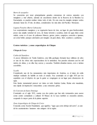 49 | P á g i n a
Barra de zacapulco
Se caracteriza por tener principalmente grandes extensiones de esteros naturales con
manglares y mar abierto, además de encontrarse dentro de la Reserva de la Biosfera La
Encrucijada, se pueden realizar visitas todo el año. En esta zona los mangles siempre verdes
alcanzan hasta los 35 mts. de altura, considerados los más altos del Pacífico Mexicano.
Laguna Pozuelos (Barra Cahoacán)
Los sorprendentes manglares y su vegetación hacen de éste, un lugar de gran biodiversidad,
posee una amplia variedad de aves, de fauna terrestre y acuática, tanto de agua dulce como
salada, como es el caso de pelícanos blancos, garzas, patos, cangrejos, caracoles e iguanas,
así como bellos paisajes adornados por mangles de gran altura, lirios acuáticos y palmeras.
Centros turísticos y zonas arqueológicas de Chiapas
Chiapa de Corzo
Cañón del Sumidero
A pocos kilómetros de Tuxtla Gutiérrez, esta falla geológica formada hace millones de años
es una de las obras más espectaculares de la naturaleza. Sus paredes alcanzan casi los mil
metros de altura, y en ellas hay cuevas y cascadas. También abundan monos, aves e incluso
cocodrilos.
La pila
Considerado uno de los monumentos más importantes de América, es el único de estilo
mudéjar realizado de ladrillo en todo el estado. Fue construido en el siglo XVI por los
españoles con el objetivo de que la gente se congregara en un lugar para abastecerse de
agua.
Esta fuente monumental parecer ser única en todo América Latina. Reúne arte musulmán,
una cúpula de inspiración renacentista y una estructura gótica.
Ex Convento de Santo Domingo
Construido en el siglo XVI, cuenta con dos patios que han sido restaurados para usarse
como centro comunitario y cultural. El Museo de la Laca también se encuentra adentro,
ocupando la mayor parte de la planta superior.
Zona Arqueológica de Chiapa de Corzo
Conocida como Soctón Nandalumí, que significa “agua que corre debajo del cerro”, es uno
de los asentamientos humanos más antiguos de la región.
 