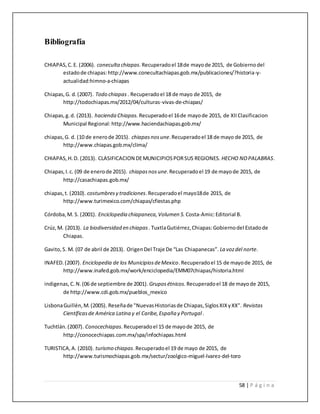 58 | P á g i n a
Bibliografía
CHIAPAS,C.E. (2006). conecultachiapas.Recuperadoel 18de mayode 2015, de Gobiernodel
estadode chiapas:http://www.conecultachiapas.gob.mx/publicaciones/?historia-y-
actualidad:himno-a-chiapas
Chiapas,G. d.(2007). Todo chiapas . Recuperadoel 18 de mayo de 2015, de
http://todochiapas.mx/2012/04/culturas-vivas-de-chiapas/
Chiapas,g.d. (2013). hacienda Chiapas. Recuperadoel 16de mayode 2015, de XIIClasificacion
Municipal Regional:http://www.haciendachiapas.gob.mx/
chiapas,G. d. (10 de enerode 2015). chiapasnosune.Recuperadoel 18 de mayo de 2015, de
http://www.chiapas.gob.mx/clima/
CHIAPAS,H.D. (2013). CLASIFICACION DEMUNICIPIOSPORSUS REGIONES. HECHO NOPALABRAS.
Chiapas,I.c. (09 de enerode 2015). chiapasnosune.Recuperadoel 19 de mayode 2015, de
http://casachiapas.gob.mx/
chiapas,t. (2010). costumbresy tradiciones.Recuperadoel mayo18de 2015, de
http://www.turimexico.com/chiapas/cfiestas.php
Córdoba,M. S. (2001). Enciclopedia chiapaneca,Volumen 5. Costa-Amic:Editorial B.
Crúz,M. (2013). La biodiversidad en chiapas. TuxtlaGutiérrez,Chiapas:Gobiernodel Estadode
Chiapas.
Gavito,S. M. (07 de abril de 2013). OrigenDel Traje De “Las Chiapanecas”. La vozdel norte.
INAFED.(2007). Enciclopedia de los MunicipiosdeMexico.Recuperadoel 15 de mayode 2015, de
http://www.inafed.gob.mx/work/enciclopedia/EMM07chiapas/historia.html
indigenas,C.N.(06 de septiembre de 2001). Gruposétnicos. Recuperadoel 18 de mayode 2015,
de http://www.cdi.gob.mx/pueblos_mexico
LisbonaGuillén,M.(2005). Reseñade "NuevasHistoriasde Chiapas,SiglosXIXyXX". Revistas
Científicasde América Latina y el Caribe,España y Portugal.
Tuchtlán.(2007). Conocechiapas.Recuperadoel 15 de mayode 2015, de
http://conocechiapas.com.mx/spa/infochiapas.html
TURISTICA,A. (2010). turismo chiapas.Recuperadoel 19 de mayo de 2015, de
http://www.turismochiapas.gob.mx/sectur/zoolgico-miguel-lvarez-del-toro
 