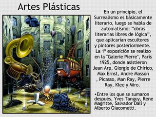 En un principio, el Surrealismo es básicamente literario, luego se habla de automatismo: “obras literarias libres de lógica”, que aplicarían escultores  y pintores posteriormente.  La 1º exposición se realizo en la "Galerie Pierre", París 1925, donde asistieron Jean Arp, Giorgio de Chirico, Max Ernst, Andre Masson , Picasso, Man Ray, Pierre Ray, Klee y Miro.  Artes Plásticas Entre los que se sumaron después, Yves Tanguy, Rene Magritte, Salvador Dalí y Alberto Giacometti. 