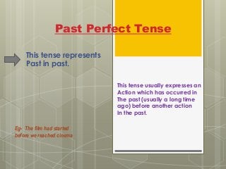 Past Perfect Tense
This tense usually expresses an
Action which has occurred in
The past (usually a long time
ago) before another action
In the past.
This tense represents
Past in past.
Eg- The film had started
before we reached cinema
 