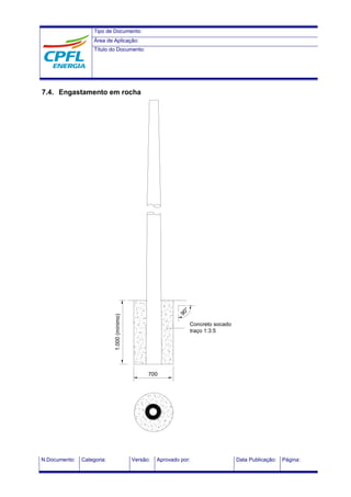 Tipo de Documento:
Área de Aplicação:
Título do Documento:
N.Documento: Categoria: Versão: Aprovado por: Data Publicação: Página:
7.4. Engastamento em rocha
1.000(mínimo)
Concreto socado
traço 1:3:5
700
90°
 