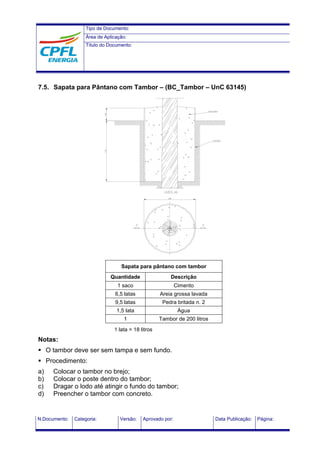 Tipo de Documento:
Área de Aplicação:
Título do Documento:
N.Documento: Categoria: Versão: Aprovado por: Data Publicação: Página:
7.5. Sapata para Pântano com Tambor – (BC_Tambor – UnC 63145)
Sapata para pântano com tambor
Quantidade Descrição
1 saco Cimento
6,5 latas Areia grossa lavada
9,5 latas Pedra britada n. 2
1,5 lata Água
1 Tambor de 200 litros
1 lata = 18 litros
Notas:
 O tambor deve ser sem tampa e sem fundo.
 Procedimento:
a) Colocar o tambor no brejo;
b) Colocar o poste dentro do tambor;
c) Dragar o lodo até atingir o fundo do tambor;
d) Preencher o tambor com concreto.
 