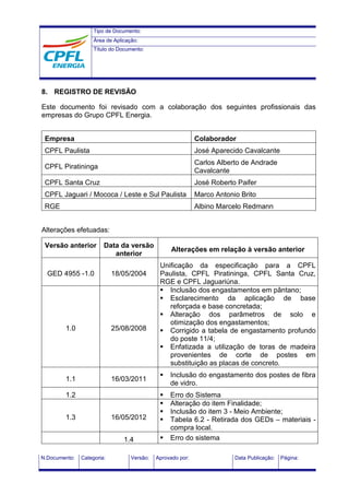 Tipo de Documento:
Área de Aplicação:
Título do Documento:
N.Documento: Categoria: Versão: Aprovado por: Data Publicação: Página:
8. REGISTRO DE REVISÃO
Este documento foi revisado com a colaboração dos seguintes profissionais das
empresas do Grupo CPFL Energia.
Empresa Colaborador
CPFL Paulista José Aparecido Cavalcante
CPFL Piratininga
Carlos Alberto de Andrade
Cavalcante
CPFL Santa Cruz José Roberto Paifer
CPFL Jaguari / Mococa / Leste e Sul Paulista Marco Antonio Brito
RGE Albino Marcelo Redmann
Alterações efetuadas:
Versão anterior Data da versão
anterior
Alterações em relação à versão anterior
GED 4955 -1.0 18/05/2004
Unificação da especificação para a CPFL
Paulista, CPFL Piratininga, CPFL Santa Cruz,
RGE e CPFL Jaguariúna.
1.0 25/08/2008
 Inclusão dos engastamentos em pântano;
 Esclarecimento da aplicação de base
reforçada e base concretada;
 Alteração dos parâmetros de solo e
otimização dos engastamentos;
 Corrigido a tabela de engastamento profundo
do poste 11/4;
 Enfatizada a utilização de toras de madeira
provenientes de corte de postes em
substituição as placas de concreto.
1.1 16/03/2011
 Inclusão do engastamento dos postes de fibra
de vidro.
1.2  Erro do Sistema
1.3 16/05/2012
 Alteração do item Finalidade;
 Inclusão do item 3 - Meio Ambiente;
 Tabela 6.2 - Retirada dos GEDs – materiais -
compra local.
1.4  Erro do sistema
 