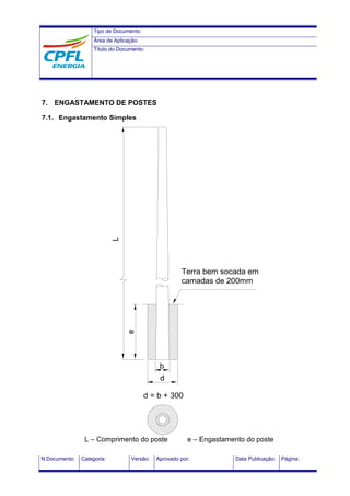 Tipo de Documento:
Área de Aplicação:
Título do Documento:
N.Documento: Categoria: Versão: Aprovado por: Data Publicação: Página:
7. ENGASTAMENTO DE POSTES
7.1. Engastamento Simples
L – Comprimento do poste e – Engastamento do poste
L
e
Terra bem socada em
camadas de 200mm
b
d
d = b + 300
 