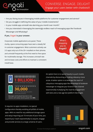 • Are you facing issues in leveraging mobile platforms for customer engagement and service?
• Do you struggle in deﬁning the value of your mobile investments?
• Is your mobile app uninstall rate alarming you month over month?
• Are you interested in leveraging the seemingly endless reach of messaging apps like Facebook
Messenger and WhatsApp?
If yes, Engati is your answer.
An option here is to spend heavily to push mobile
channels by discounting or making relevancy more
acute. A better option is to leverage the reach of
ubiquitous messaging apps like WhatsApp & Facebook
messenger to integrate your brand in the channel
exponentially multiplying the reach & engagement
with bots and a new age bot platform like Engati.
Corporate mobile applications are passé. These
clunky, space consuming apps have seen a steady fall
in customer engagement. Most customers actively use
2-3 apps only out of the 20+ installed on their phones
and uninstall frequently at the ﬁrst need to free space
for multimedia storage. This increases uninstall rate
and increase costs and eﬀorts to maintain a consistent
install base.
It requires no apps installation, no special
conﬁguration thereby avoiding all pitfalls of mobile
apps. With no need for any additional storage space
and setup requiring just 10 minutes of your time, you
expand your reach exponentially to acquire, engage
and provide services to a large universe of users.
CONVERSE. ENGAGE. DELIGHT
Engage your users better with chatbots!!!
Months 3 Months 6
35,000
30,000
25,000
15,000
10,000
5,000
0
Apps Bots
Facebook Messenger users globally
1 BILLION+
Messenger and Facebook have best in class
retention with weekly retention greater than 90%
30,000Number of Messenger bots within
ﬁve months of launch
What’s
stopping
you to
Engati?
engati.comA Coviam Technologies platform
 