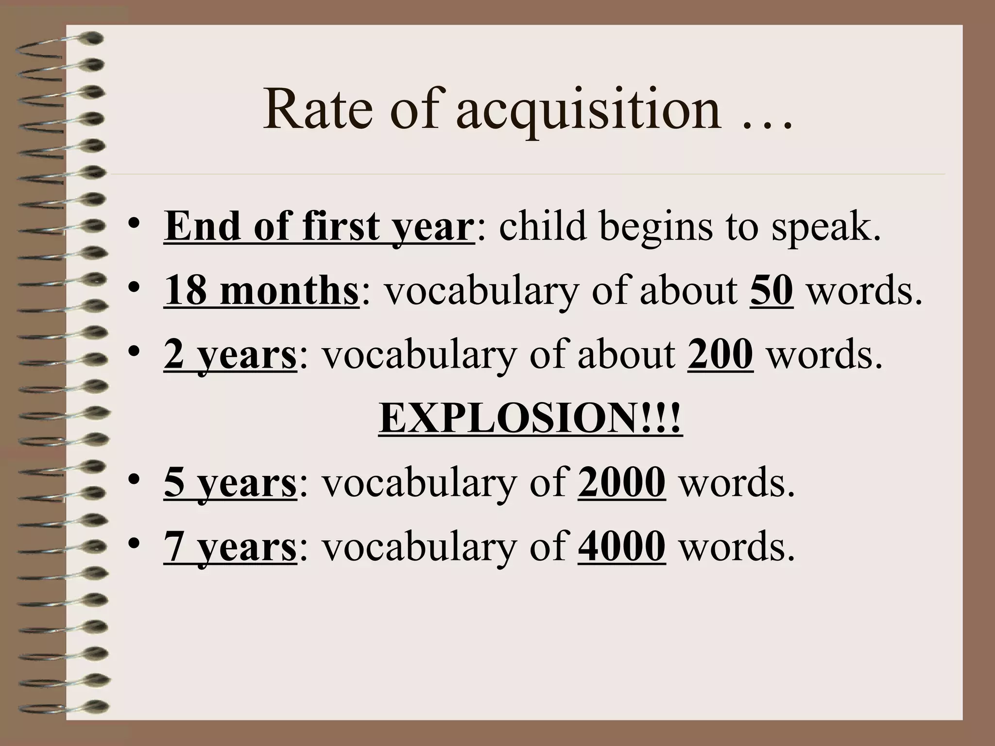 Rate of acquisition …
• End of first year: child begins to speak.
• 18 months: vocabulary of about 50 words.
• 2 years: vocabulary of about 200 words.
EXPLOSION!!!
• 5 years: vocabulary of 2000 words.
• 7 years: vocabulary of 4000 words.
 