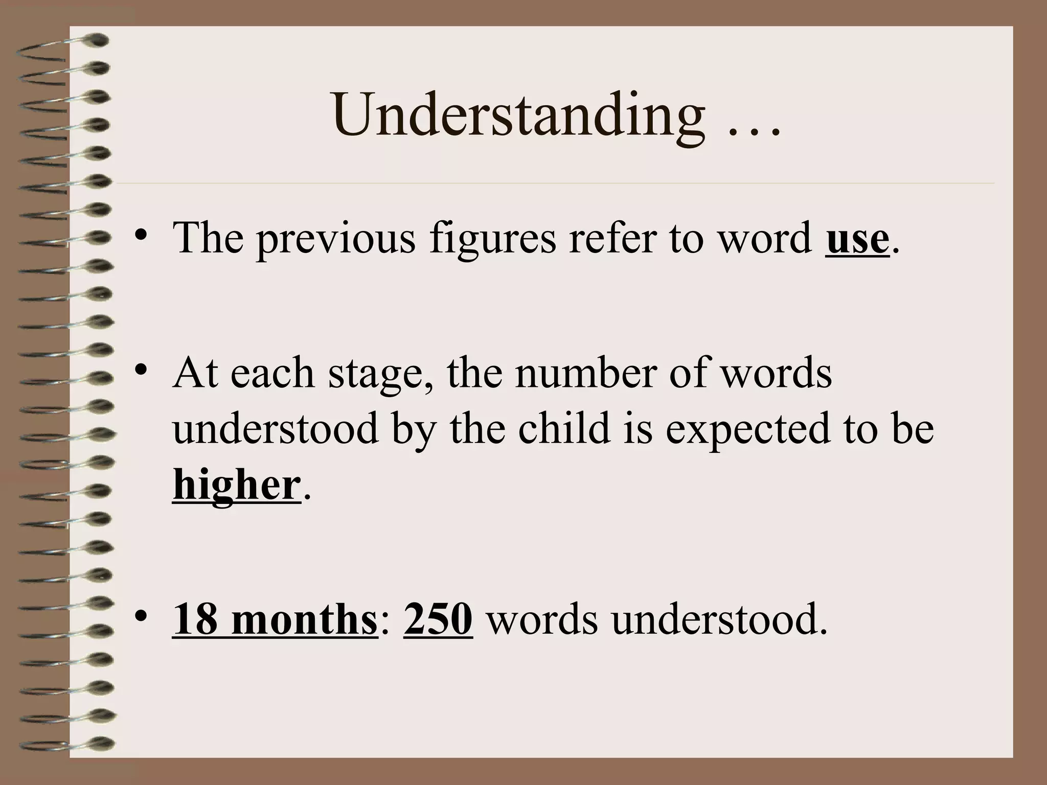 Understanding …
• The previous figures refer to word use.
• At each stage, the number of words
understood by the child is expected to be
higher.
• 18 months: 250 words understood.
 