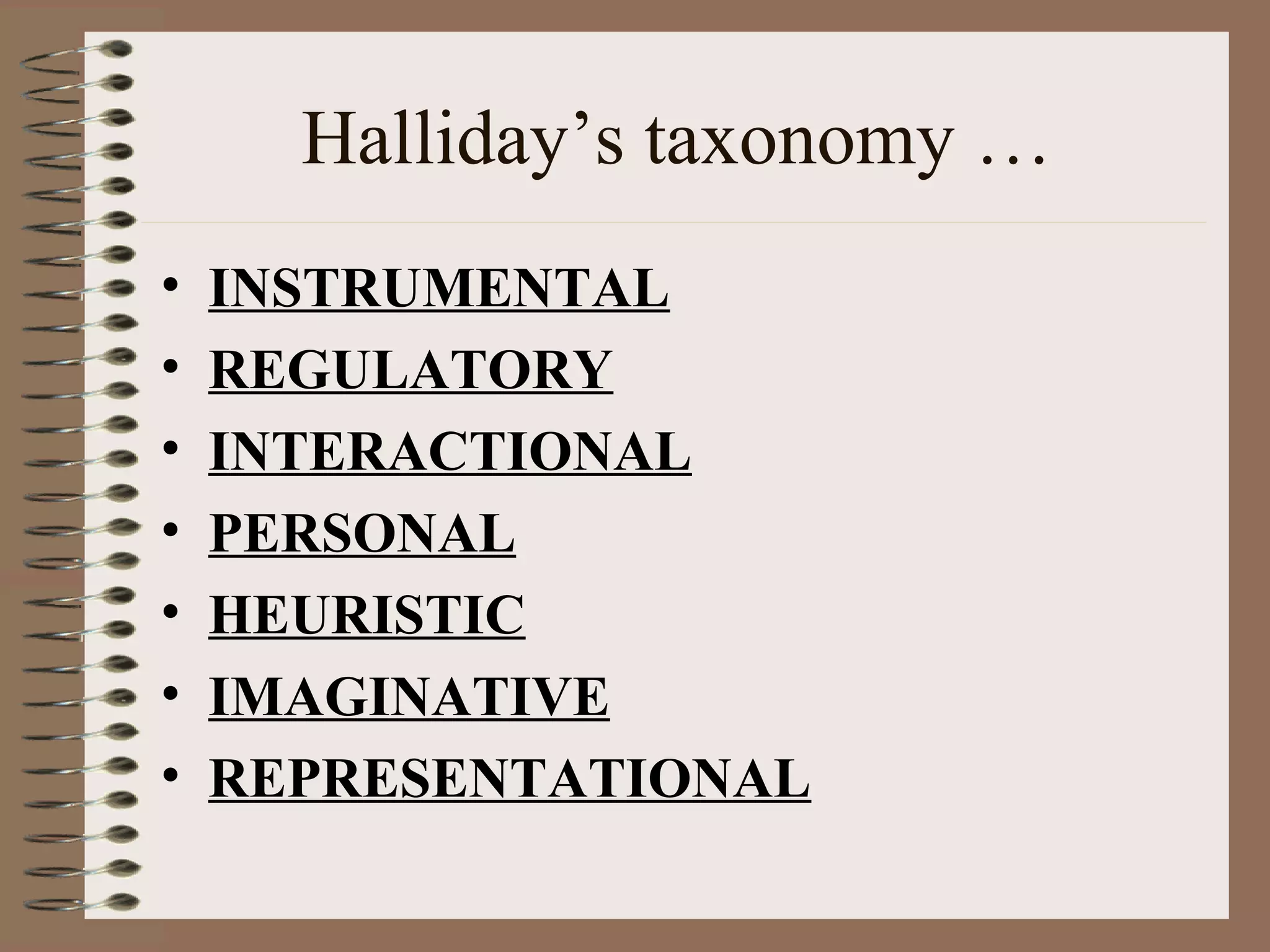 Halliday’s taxonomy …
• INSTRUMENTAL
• REGULATORY
• INTERACTIONAL
• PERSONAL
• HEURISTIC
• IMAGINATIVE
• REPRESENTATIONAL
 
