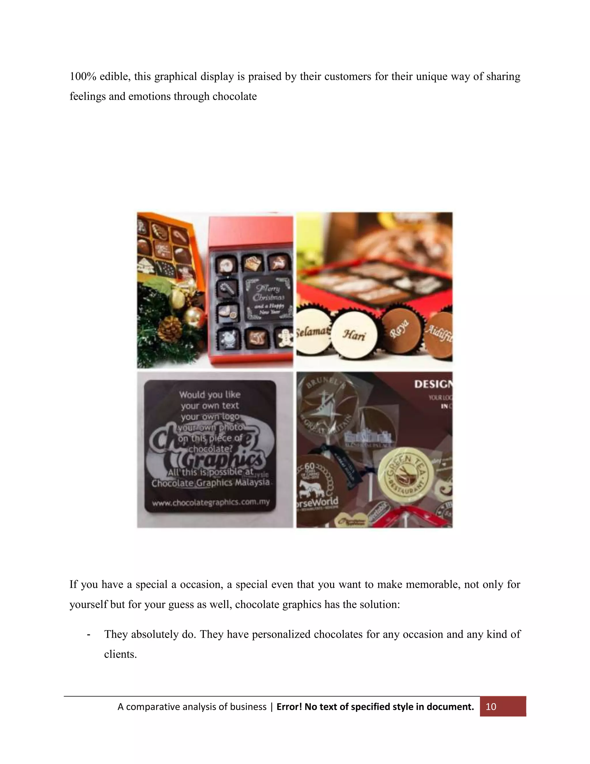 100% edible, this graphical display is praised by their customers for their unique way of sharing
feelings and emotions through chocolate

If you have a special a occasion, a special even that you want to make memorable, not only for
yourself but for your guess as well, chocolate graphics has the solution:
-

They absolutely do. They have personalized chocolates for any occasion and any kind of
clients.

A comparative analysis of business | Error! No text of specified style in document.

10

 