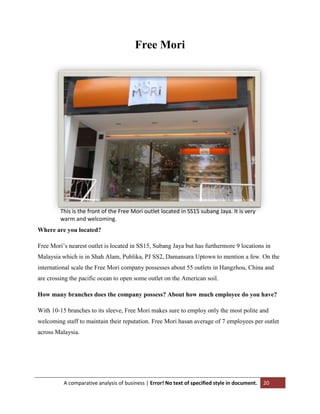 Free Mori

This is the front of the Free Mori outlet located in SS15 subang Jaya. It is very
warm and welcoming.
Where are you located?
Free Mori‟s nearest outlet is located in SS15, Subang Jaya but has furthermore 9 locations in
Malaysia which is in Shah Alam, Publika, PJ SS2, Damansara Uptown to mention a few. On the
international scale the Free Mori company possesses about 55 outlets in Hangzhou, China and
are crossing the pacific ocean to open some outlet on the American soil.
How many branches does the company possess? About how much employee do you have?
With 10-15 branches to its sleeve, Free Mori makes sure to employ only the most polite and
welcoming staff to maintain their reputation. Free Mori hasan average of 7 employees per outlet
across Malaysia.

A comparative analysis of business | Error! No text of specified style in document.

20

 