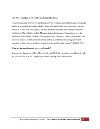 viii) What was their motive(s) for starting the business;
Freemori managing director Tan Kai Kiang said “the company identified the need among cake
and bread lovers in East Asia for a bakery chain with a difference, hence their entry into the
market. It is their own love for good bakeries that motivated them into stating this business.
Furthermore The Little Fox and the Magician that are the company‟s mascots serve as the
inspiration for Freemori. The Little Fox is depicted as a creature of curiosity and wonder that
travels to immerse itself in different cultures and food, and then infuses imagination and
creativity to share what he has learnt in an interesting and flavorful manner.” (CHAN, 2012)
What are the development you recently made?
Starting from theopening of Free Mori in Malaysia (2012) they aimed to open at least 10 outlet
per year until the year 2017, expanding in Johor, Penang, Perak and Malacca.

A comparative analysis of business | Error! No text of specified style in document.

26

 
