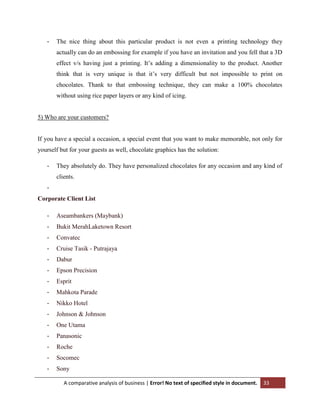 -

The nice thing about this particular product is not even a printing technology they
actually can do an embossing for example if you have an invitation and you fell that a 3D
effect v/s having just a printing. It‟s adding a dimensionality to the product. Another
think that is very unique is that it‟s very difficult but not impossible to print on
chocolates. Thank to that embossing technique, they can make a 100% chocolates
without using rice paper layers or any kind of icing.

5) Who are your customers?

If you have a special a occasion, a special event that you want to make memorable, not only for
yourself but for your guests as well, chocolate graphics has the solution:
-

They absolutely do. They have personalized chocolates for any occasion and any kind of
clients.

Corporate Client List
-

Aseambankers (Maybank)

-

Bukit MerahLaketown Resort

-

Convatec

-

Cruise Tasik - Putrajaya

-

Dabur

-

Epson Precision

-

Esprit

-

Mahkota Parade

-

Nikko Hotel

-

Johnson & Johnson

-

One Utama

-

Panasonic

-

Roche

-

Socomec

-

Sony
A comparative analysis of business | Error! No text of specified style in document.

33

 