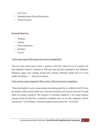 -

Star Cruise

-

JabatanKesihatan Wilayah Persekutuan

-

World of Cartoon

Personal Client List
-

Wedding

-

Naming

-

With Compliments

-

Birthdays

-

Festives

7) How many branch offices/stores do you have (if applicable)?

They have been around quite a while: 3 locations in the USA. They are over 32 countries, the
first production started in Australian in 1996 since then they have expended in Asia (Malaysia,
Philippine, Japan), New Zealand, Europe (UK, Germany, Denmark, Poland and even in the
middle east (Dubai..) … They are everywhere.
9) Do you have many competitors? Who are they? Who are your top 3 competitors?

"Chocolate Graphics is such a unique product and nothing quite like it is offered in the US. Since
the product's debut several months ago, it has been extremely well received and word of mouth
orders are already coming in! The attraction to Chocolate Graphics® is the unique business
concept and the fact that from a competitive standpoint, there are no other companies with the
same process." Carol Webster - Chocolate Graphics International USA‟‟ (N/A.2012)

A comparative analysis of business | Error! No text of specified style in document.

34

 