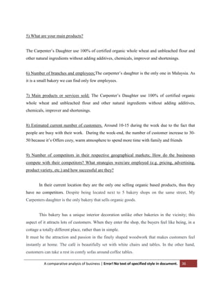 5) What are your main products?
The Carpenter‟s Daughter use 100% of certified organic whole wheat and unbleached flour and
other natural ingredients without adding additives, chemicals, improver and shortenings.
6) Number of branches and employees;The carpenter‟s daughter is the only one in Malaysia. As
it is a small bakery we can find only few employees.
7) Main products or services sold; The Carpenter‟s Daughter use 100% of certified organic
whole wheat and unbleached flour and other natural ingredients without adding additives,
chemicals, improver and shortenings.

8) Estimated current number of customers. Around 10-15 during the week due to the fact that
people are busy with their work. During the week-end, the number of customer increase to 3050 because it‟s Offers cozy, warm atmosphere to spend more time with family and friends

9) Number of competitors in their respective geographical markets; How do the businesses
compete with their competitors? What strategies were/are employed (e.g. pricing, advertising,
product variety, etc.) and how successful are they?

In their current location they are the only one selling organic based products, thus they
have no competitors. Despite being located next to 5 bakery shops on the same street, My
Carpenters daughter is the only bakery that sells organic goods.

This bakery has a unique interior decoration unlike other bakeries in the vicinity; this
aspect of it attracts lots of customers. When they enter the shop, the buyers feel like being, in a
cottage a totally different place, rather than in simple.
It must be the attraction and passion in the finely shaped woodwork that makes customers feel
instantly at home. The café is beautifully set with white chairs and tables. In the other hand,
customers can take a rest in comfy sofas around coffee tables.
A comparative analysis of business | Error! No text of specified style in document.

36

 