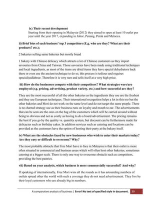 ix) Their recent development
Starting from their opening in Malaysia (2012) they aimed to open at least 10 outlet per
year until the year 2017, expanding in Johor, Penang, Perak and Melacca.
ii) Brief bios of each business’ top 3 competitors (E.g. who are they? What are their
products? etc.);
2 bakeries selling same bakeries but mostly bread
1 bakery with Chinese delicacy which attracts a lot of Chinese customers as they import
savouries from China and Taiwan. Those savouries have been made using traditional techniques
and local ingredients, as most of the items are dried items they have special dehydrators back
there or even use the ancient technique to do so, this process is tedious and requires
specialisedlabour. Therefore it is very rare and sells itself at a very high price.
iii) How do the businesses compete with their competitors? What strategies were/are
employed (e.g. pricing, advertising, product variety, etc.) and how successful are they?
They are the most successful of all the other bakeries as the ingredients they use are the freshest
and they use European techniques. Their international recognition helps a lot in this too but the
other bakeries and Mori do not work on the same level and do not target the same people. There
is no charted strategy use as their business runs on loyalty and mouth to ear. The advertisements
that can be seen are the ones on the bag of the customers which will be carried around without
being to obvious and not as costly as having to do a board advertisement. The pricing remains
the best if you go by the quality vs. quantity system, but discount can be furthermore made for
delicacies such as birthday cakes. In addition services such as catering and locations can be
provided as the customers have the option of hosting their party at the bakery itself.
iv) What are the obstacles faced by new businesses who wish to enter their markets today?
Are they easy or difficult to overcome? Why?
The most probable obstacle that Free Mori have to face in Malaysia is that their outlet is more
often situated in commercial and business areas which will often host other bakeries, sometimes
catering at a bigger scale. There is only one way to overcome obstacle such as competitors,
providing the best pastries.
vii) Based on your analysis, which business is more commercially successful? And why?
If speaking of internationally, Free Mori wins all the rounds as it has astounding numbers of
outlets spread other the world with such a coverage they do not need advertisement. They live by
their loyal customers who are already big in numbers.

A comparative analysis of business | Error! No text of specified style in document.

39

 