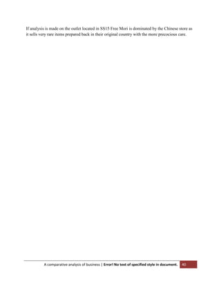 If analysis is made on the outlet located in SS15 Free Mori is dominated by the Chinese store as
it sells very rare items prepared back in their original country with the more precocious care.

A comparative analysis of business | Error! No text of specified style in document.

40

 