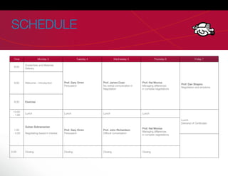 SCHEDULE

  Time               Monday 3                       Tuesday 4             Wednesday 5                 Thursday 6                  Friday 7

          Credentials and Materials
  8:00
          Delivery




  9:00    Welcome – Introduction          Prof. Gary Orren      Prof. James Coan            Prof. Hal Movius
                                                                                                                      Prof. Dan Shapiro
                                          Persuasion            No verbal comunication in   Managing differences
                                                                                                                      Negotiation and emotions
                                                                Negotiation                 in complex negotiations



  9:30    Exercise


 12:00
          Lunch                           Lunch                 Lunch                       Lunch
 - 1:00
                                                                                                                      Lunch
                                                                                                                      Delivered of Certiﬁcates
          Guhan Subramanian
                                                                                            Prof. Hal Movius
  1:00                                    Prof. Gary Orren      Prof. John Richardson
                                                                                            Managing differences
 - 5:00   Negotiating based in interest   Persuasion            Difﬁcult conversation
                                                                                            in complex negotiations




5:00      Closing                         Closing               Closing                     Closing
 