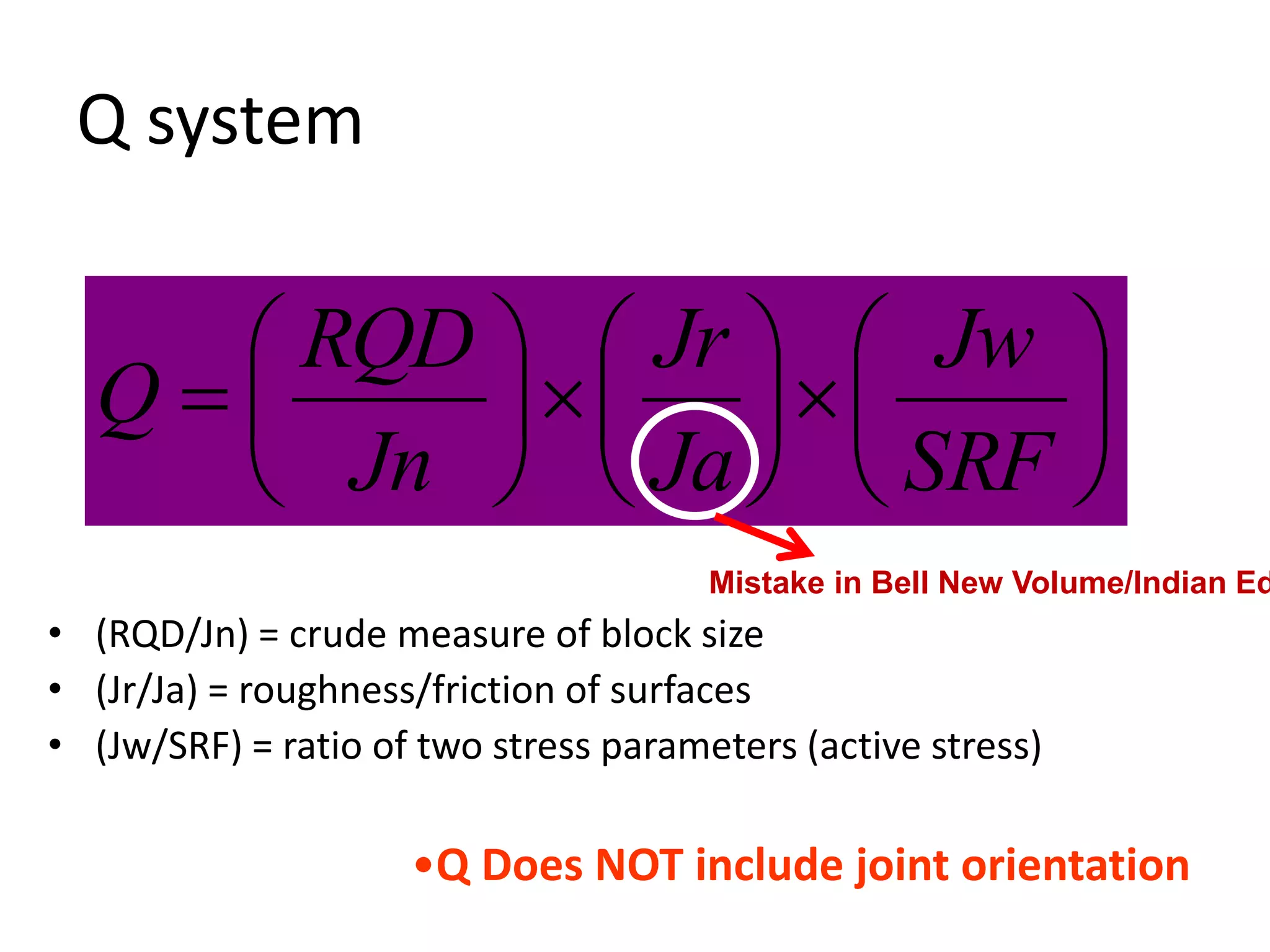 Q system
• (RQD/Jn) = crude measure of block size
• (Jr/Ja) = roughness/friction of surfaces
• (Jw/SRF) = ratio of two stress parameters (active stress)





















SRF
Jw
Ja
Jr
Jn
RQD
Q
•Q Does NOT include joint orientation
Mistake in Bell New Volume/Indian Ed
 