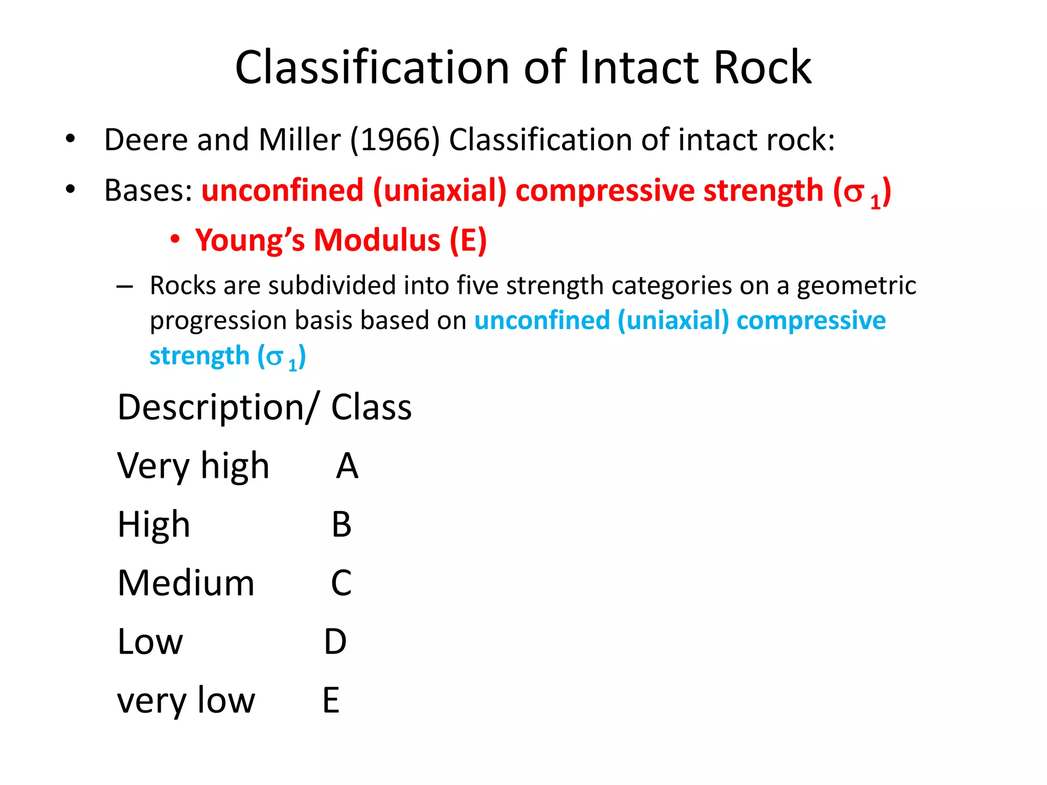 Classification of Intact Rock
• Deere and Miller (1966) Classification of intact rock:
• Bases: unconfined (uniaxial) compressive strength ( 1)
• Young’s Modulus (E)
– Rocks are subdivided into five strength categories on a geometric
progression basis based on unconfined (uniaxial) compressive
strength ( 1)
Description/ Class
Very high A
High B
Medium C
Low D
very low E
 