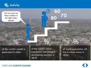 CITIES AND CLIMATE CHANGE
60
70
80
of the world’s urban
population was living in
developing countries in
2010.
of the world’s wealth is
generated in cities.
Can you pass me
those numbers in
the right order,
please!
% % %
of world population will
live in urban areas in
2030.
Activity
 
