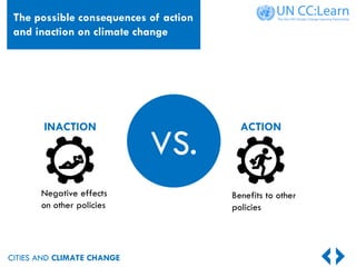 CITIES AND CLIMATE CHANGE
The possible consequences of action
and inaction on climate change
INACTION ACTION
Benefits to other
policies
Negative effects
on other policies
VS.
 