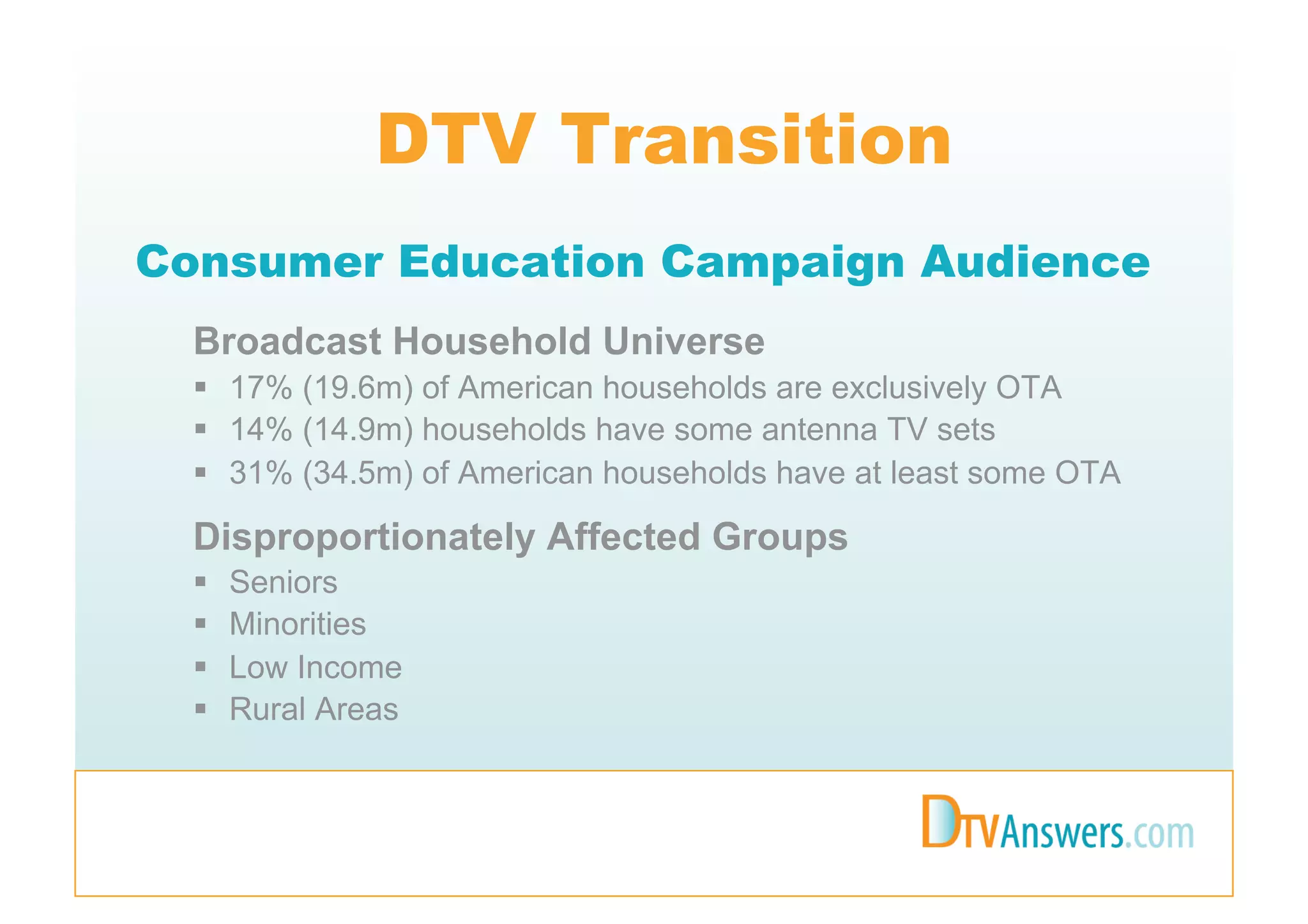 DTV Transition
Consumer Education Campaign Audience
  Broadcast Household Universe
    17% (19.6m) of American households are exclusively OTA
    14% (14.9m) households have some antenna TV sets
    31% (34.5m) of American households have at least some OTA

  Disproportionately Affected Groups
      Seniors
      Minorities
      Low Income
      Rural Areas
 