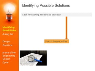 Identifying Possible Solutions
Identifying
Possibilities
during the
Design
Solutions
phase of the
Engineering
Design
Cycle
Look for existing and similar products
Search Patents online
 
