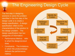 The first step in designing
solutions to solve the problem
identified in the first step of the
design cycle is to create a
design specification. A design
specification refers to the
characteristics of the solution to
the design problem. The
design specification has two
categories of information:
• Performance Metrics: refer
to what the design/product
does
• Constraints: The limitations
in which the product/design
delivers the performance
metrics
The Engineering Design Cycle
Identify the
Problem
Construct
Prototype
Research the
Need
Select the
Best Solution
Design
Solutions
Redesign/
Iterate
Test and
Evaluate
Present the
Solution
 