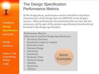 The Design Specification:
Performance Metrics
Creating a
Design
Specification
during the
Design
Solutions
phase of the
Engineering
Design
Cycle
At the design phase, performance metrics should be only those
characteristics of the design that are CRITICAL to the design's
success. Other performance characteristics that are nice, but not
necessary, will be part of the product specifications but should not
be listed in the design specification.
Performance Metrics
(that may be used for Design Specifications):
• Accuracy, Precision,
• Resolution (input or output)
• Detection Limit
• Dynamic Range
• Selectivity
• Sensitivity
• Response Time
• Dynamic Range
• Stability
• Hysteresis
• Lifetime
Some
Examples
 