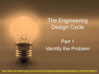 The Engineering
Design Cycle
http://labs.ee.washington.edu/community/BasicEngDes/BasicEngDes_IdentifyProblem/
Part 1
Identify the Problem
 