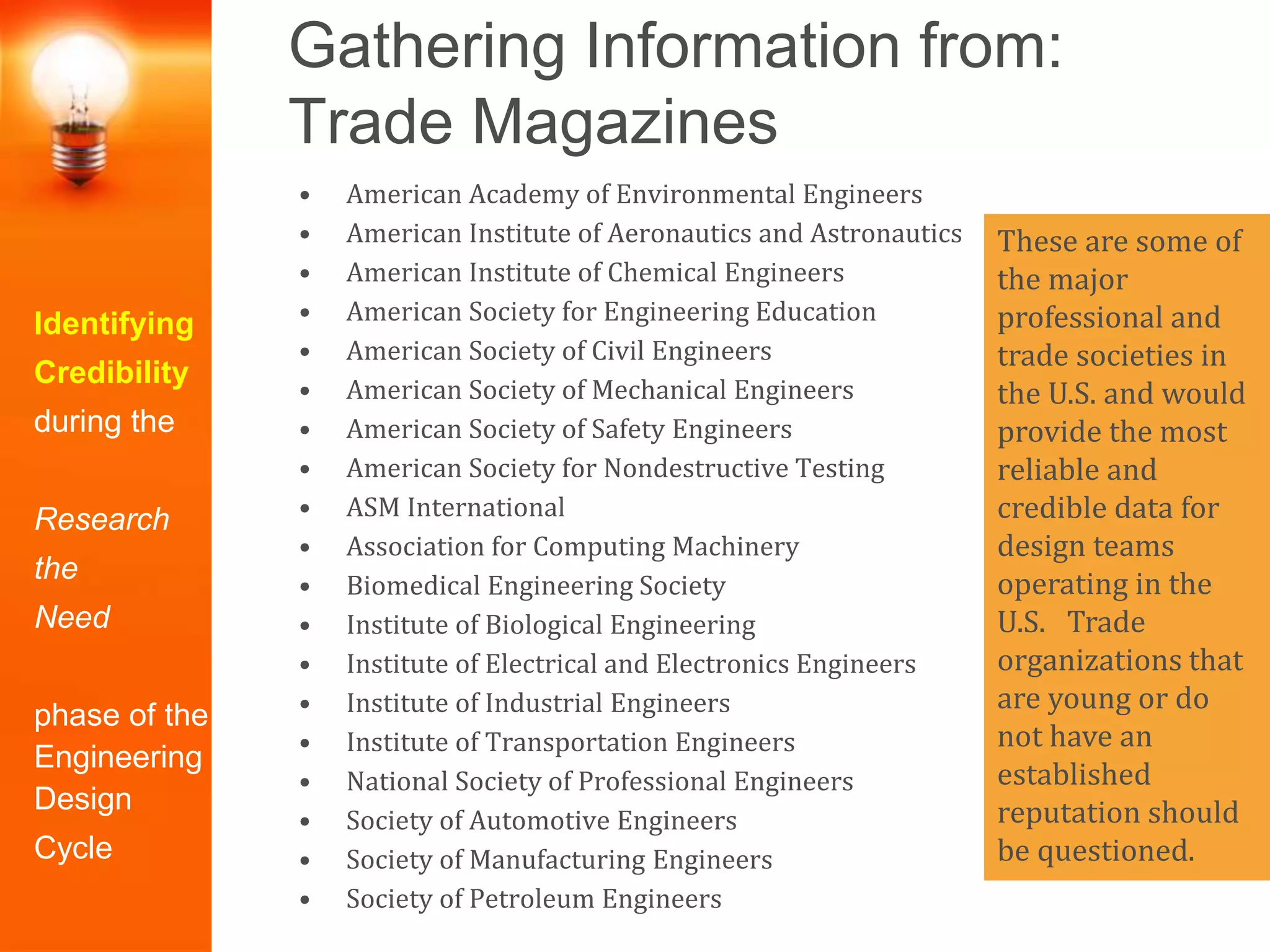 Gathering Information from:
Trade Magazines
Identifying
Credibility
during the
Research
the
Need
phase of the
Engineering
Design
Cycle
• American Academy of Environmental Engineers
• American Institute of Aeronautics and Astronautics
• American Institute of Chemical Engineers
• American Society for Engineering Education
• American Society of Civil Engineers
• American Society of Mechanical Engineers
• American Society of Safety Engineers
• American Society for Nondestructive Testing
• ASM International
• Association for Computing Machinery
• Biomedical Engineering Society
• Institute of Biological Engineering
• Institute of Electrical and Electronics Engineers
• Institute of Industrial Engineers
• Institute of Transportation Engineers
• National Society of Professional Engineers
• Society of Automotive Engineers
• Society of Manufacturing Engineers
• Society of Petroleum Engineers
These are some of
the major
professional and
trade societies in
the U.S. and would
provide the most
reliable and
credible data for
design teams
operating in the
U.S. Trade
organizations that
are young or do
not have an
established
reputation should
be questioned.
 