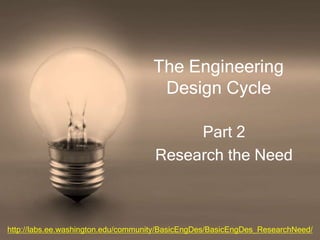 The Engineering
Design Cycle
http://labs.ee.washington.edu/community/BasicEngDes/BasicEngDes_ResearchNeed/
Part 2
Research the Need
 