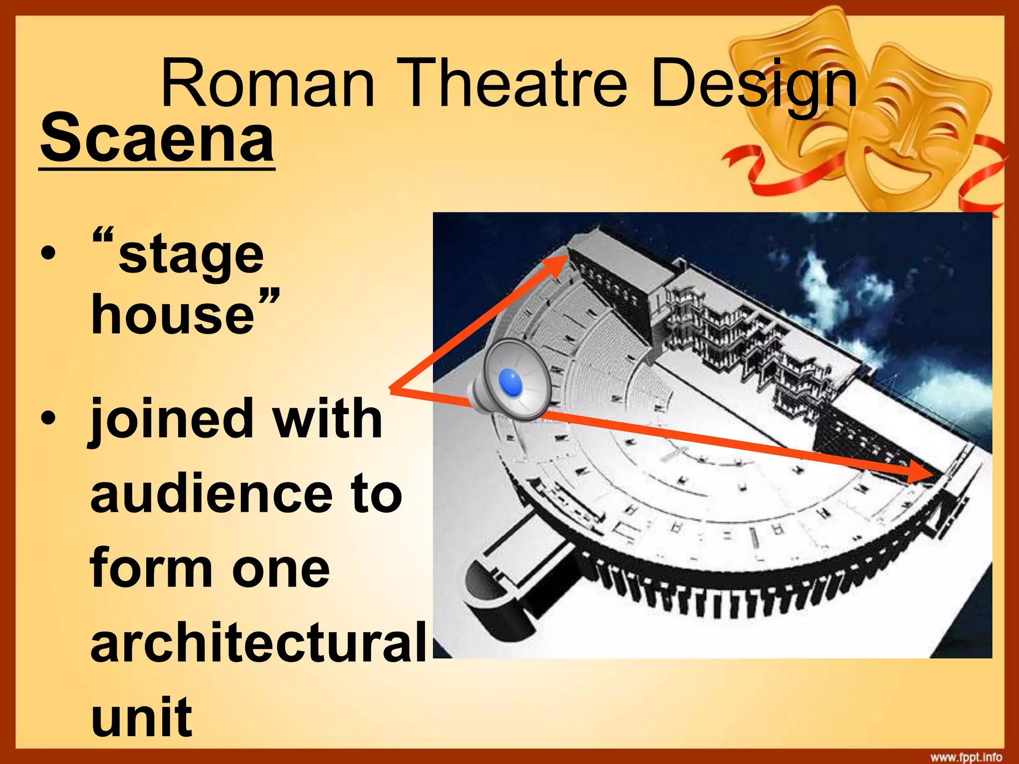 Roman Theatre Design
Scaena
• “stage
house”
• joined with
audience to
form one
architectural
unit
 