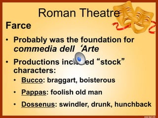 Roman Theatre
Farce
• Probably was the foundation for
commedia dell ‘Arte
• Productions included “stock”
characters:
• Bucco: braggart, boisterous
• Pappas: foolish old man
• Dossenus: swindler, drunk, hunchback
 