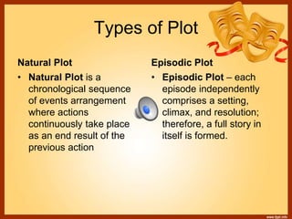 Types of Plot
Natural Plot Episodic Plot
• Natural Plot is a
chronological sequence
of events arrangement
where actions
continuously take place
as an end result of the
previous action
• Episodic Plot – each
episode independently
comprises a setting,
climax, and resolution;
therefore, a full story in
itself is formed.
 