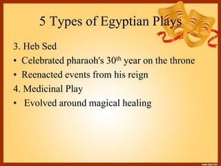5 Types of Egyptian Plays
3. Heb Sed
• Celebrated pharaoh's 30th year on the throne
• Reenacted events from his reign
4. Medicinal Play
• Evolved around magical healing
 
