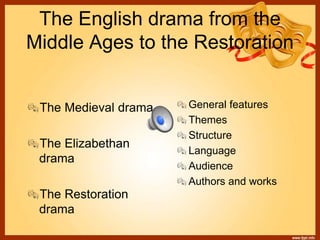 The English drama from the
Middle Ages to the Restoration
The Medieval drama
The Elizabethan
drama
The Restoration
drama
General features
Themes
Structure
Language
Audience
Authors and works
 