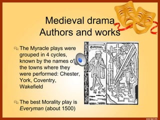 Medieval drama
Authors and works
The Myracle plays were
grouped in 4 cycles,
known by the names of
the towns where they
were performed: Chester,
York, Coventry,
Wakefield
The best Morality play is
Everyman (about 1500)
 