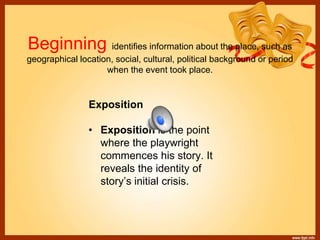 Beginning identifies information about the place, such as
geographical location, social, cultural, political background or period
when the event took place.
Exposition
• Exposition is the point
where the playwright
commences his story. It
reveals the identity of
story’s initial crisis.
 