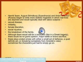 • Henrik Ibsen, August Strindburg (Scandinavia) and Anton Checkov
(Russia) began to write more realistic tragedies in which real lives
are depicted and would typically deal with taboo subjects –
• sexual disease,
• infidelity,
• female liberation,
• social injustice,
• the breakdown of the family.
• Although there would still be a resolution (like in a Greek tragedy),
there would be no grand speech, major battle or brave sacrifice;
• these plays ended simply with either a small act of defiance, a quiet
definite act, or (breaking completely from Aristotle’s rules)
sometimes the characters just had to simply go on.
1/5/2015 178
how modern Drama is different from Classical
Drama
 