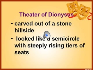 Theater of Dionysus
• carved out of a stone
hillside
• looked like a semicircle
with steeply rising tiers of
seats
 