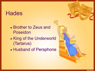 Hades
Brother to Zeus and
Poseidon
King of the Underworld
(Tartarus)
Husband of Persphone
 