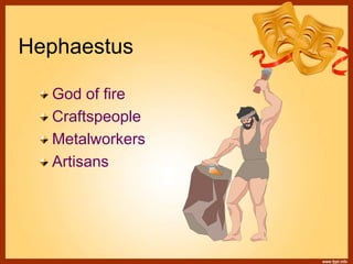 Hephaestus
God of fire
Craftspeople
Metalworkers
Artisans
 