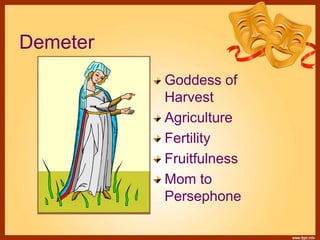 Demeter
Goddess of
Harvest
Agriculture
Fertility
Fruitfulness
Mom to
Persephone
 